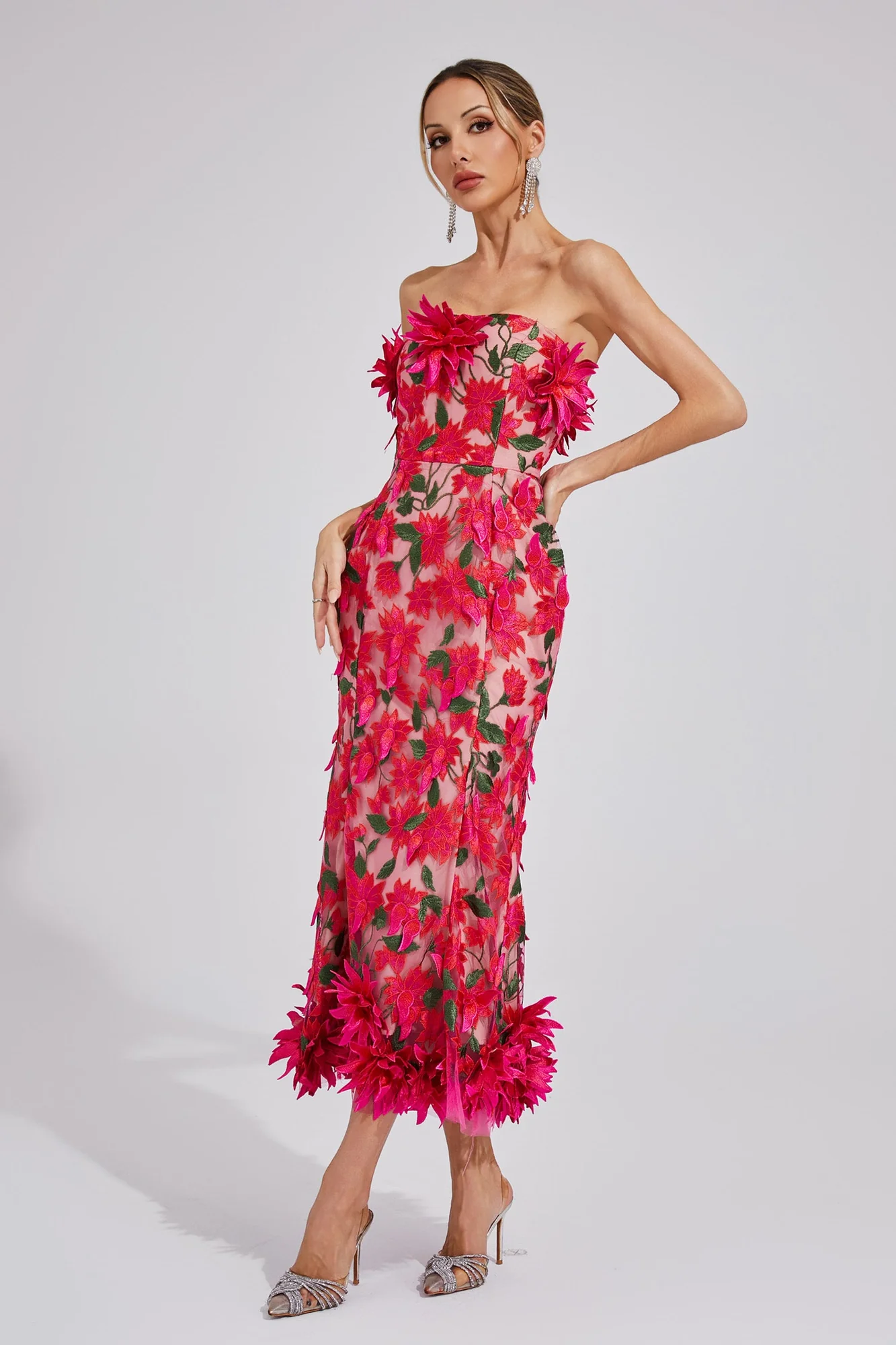 Elegant Rose Red Strapless Midi Dress with 3D Flower Embroidery