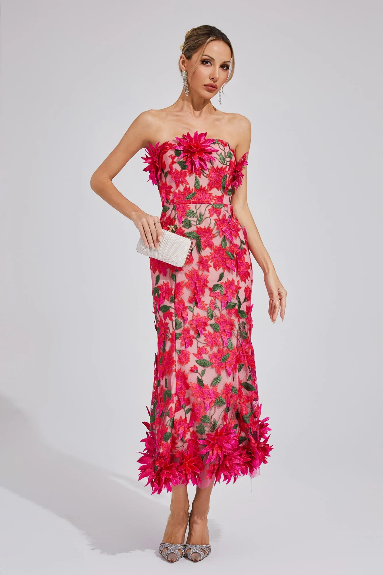Elegant Rose Red Strapless Midi Dress with 3D Flower Embroidery