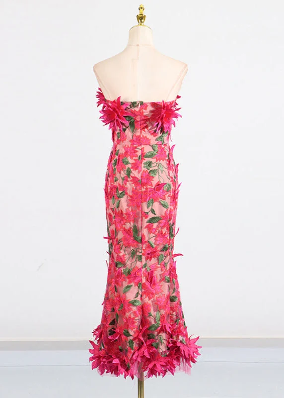 Elegant Rose Red Strapless Midi Dress with 3D Flower Embroidery