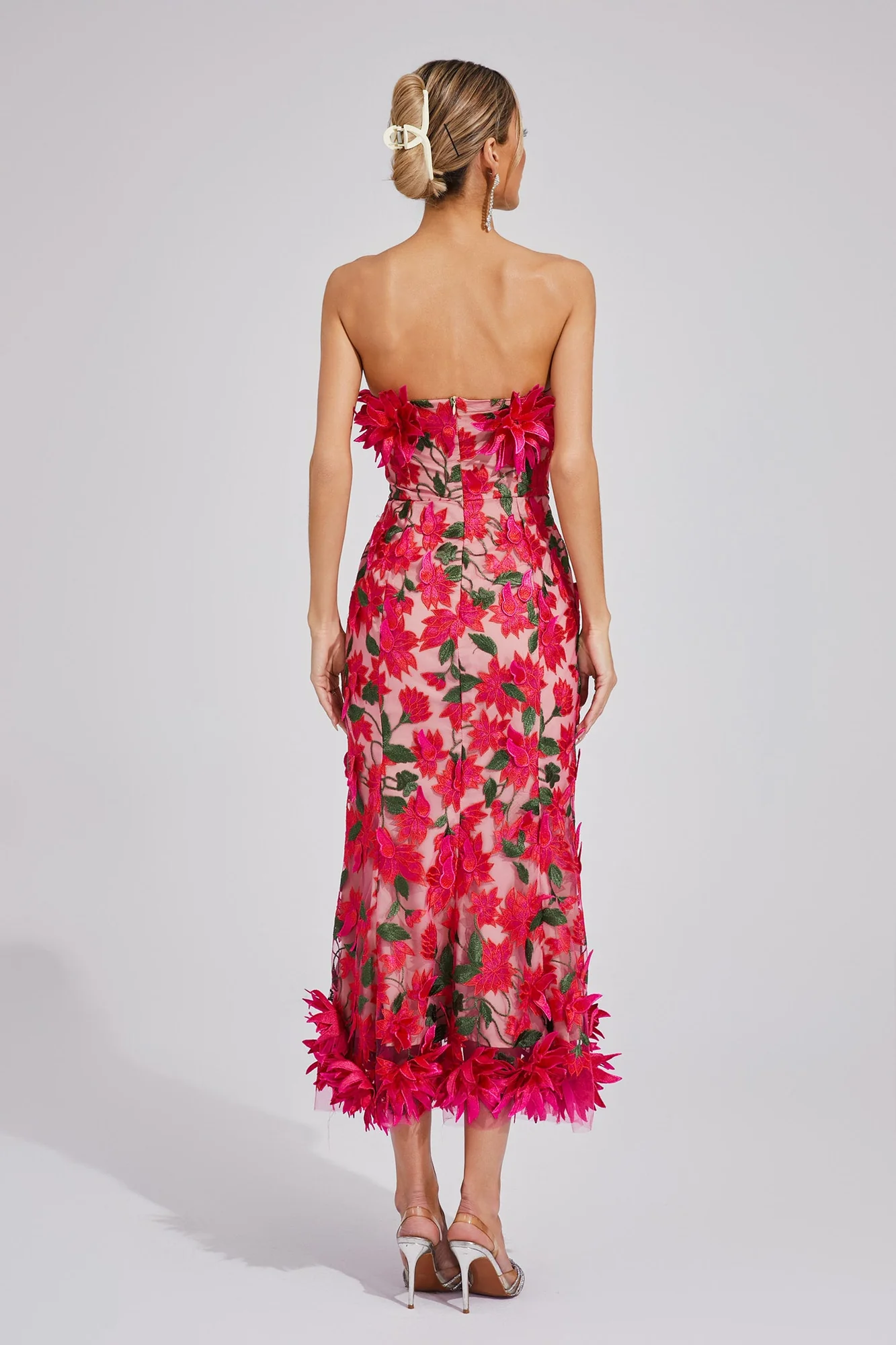 Elegant Rose Red Strapless Midi Dress with 3D Flower Embroidery