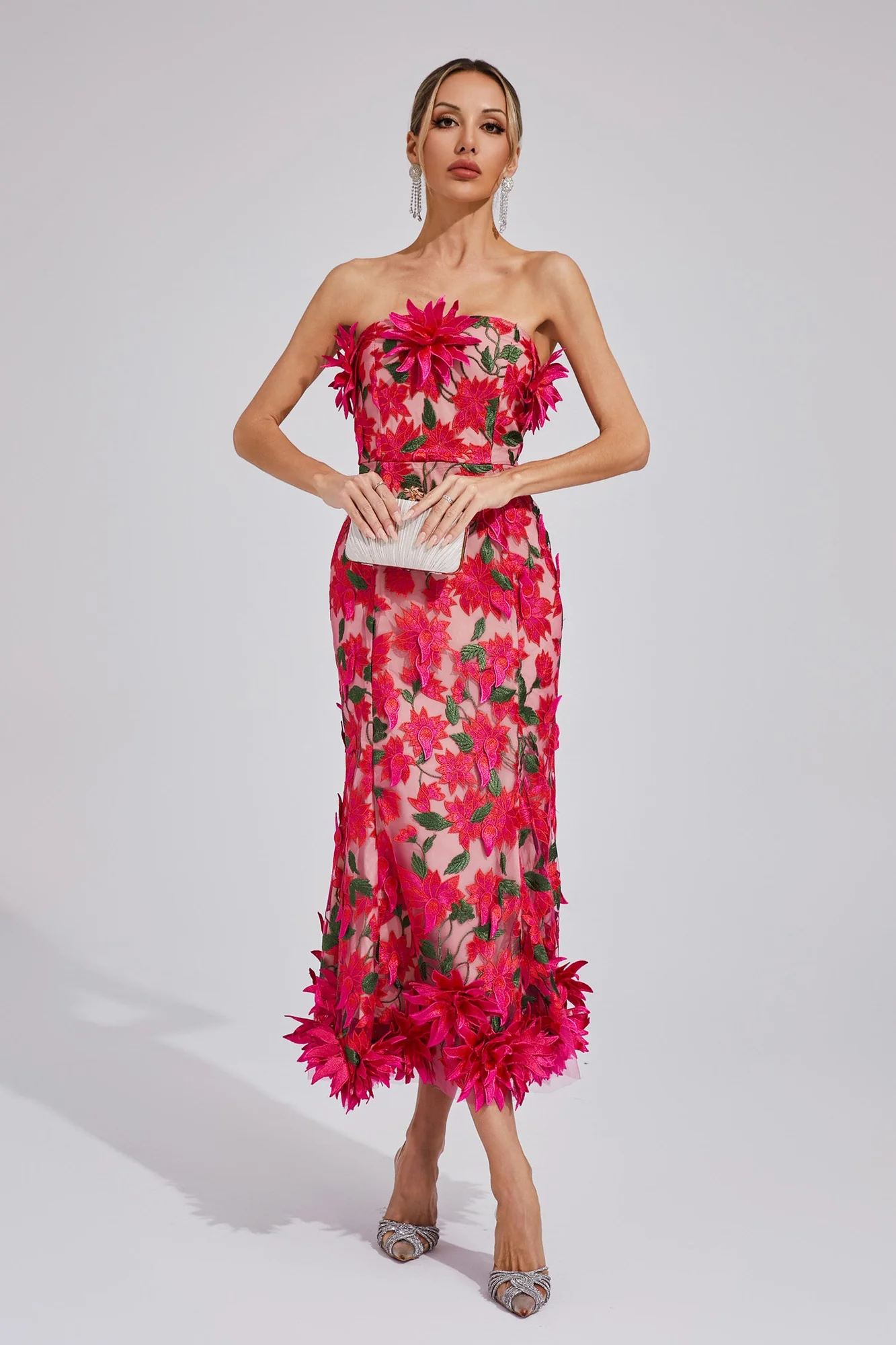Elegant Rose Red Strapless Midi Dress with 3D Flower Embroidery