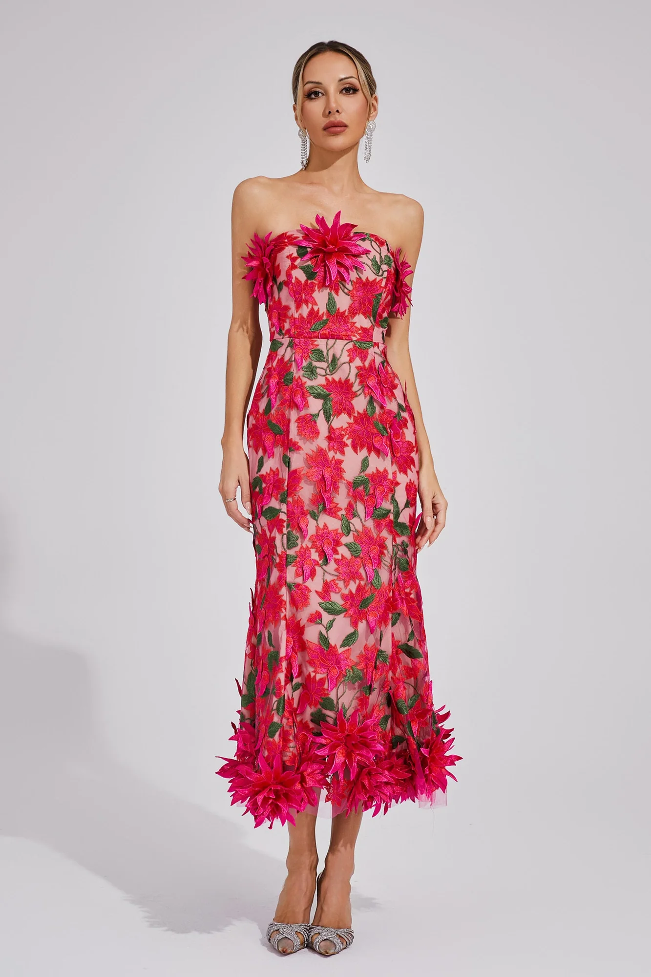Elegant Rose Red Strapless Midi Dress with 3D Flower Embroidery