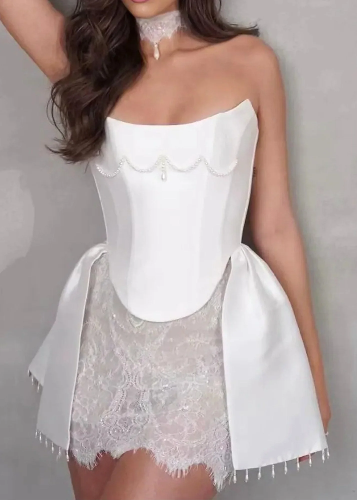 White Strapless Lace A-Line Mini Dress with Pearls