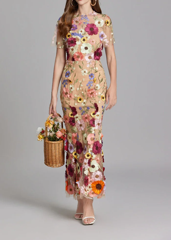 Brown Floral Embroidery Mesh Fishtail Midi Dress - Elegant & Luxurious