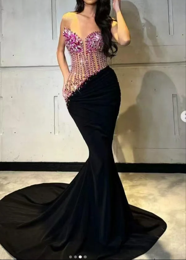 Strapless Crystal Bustier Velvet Maxi Dress in Hot Pink Black