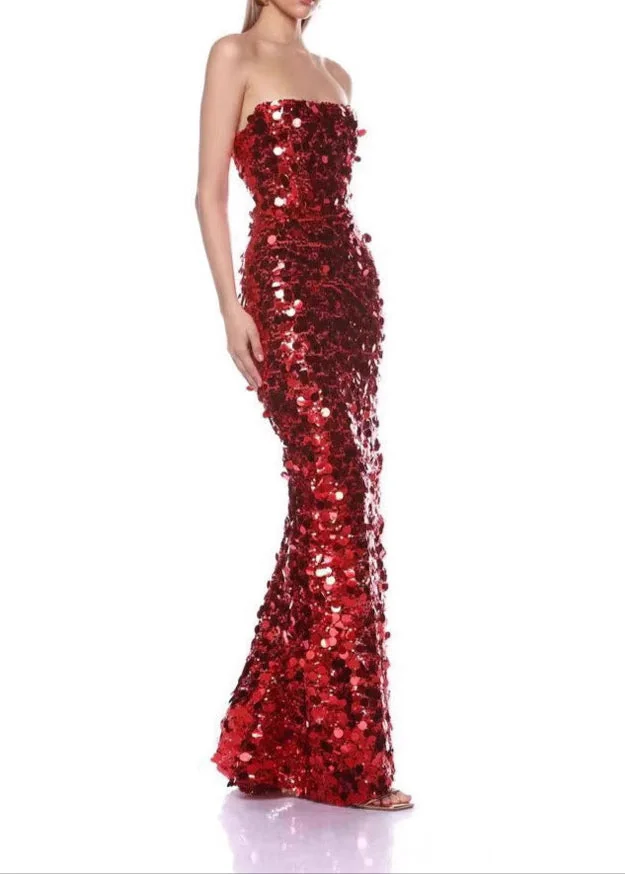 Red Sequin Maxi Dress - Elegant & Glamorous Strapless Design