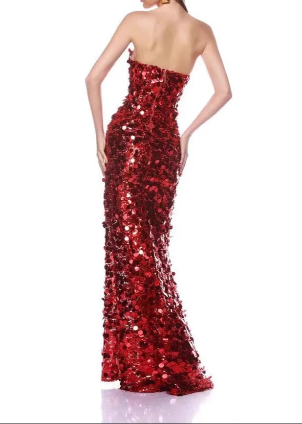 Red Sequin Maxi Dress - Elegant & Glamorous Strapless Design