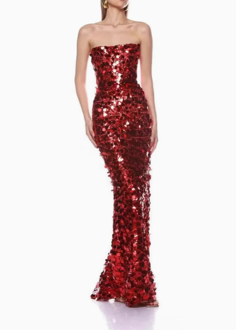 Red Sequin Maxi Dress - Elegant & Glamorous Strapless Design