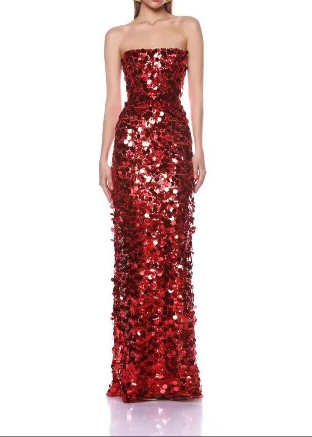 Red Sequin Maxi Dress - Elegant & Glamorous Strapless Design