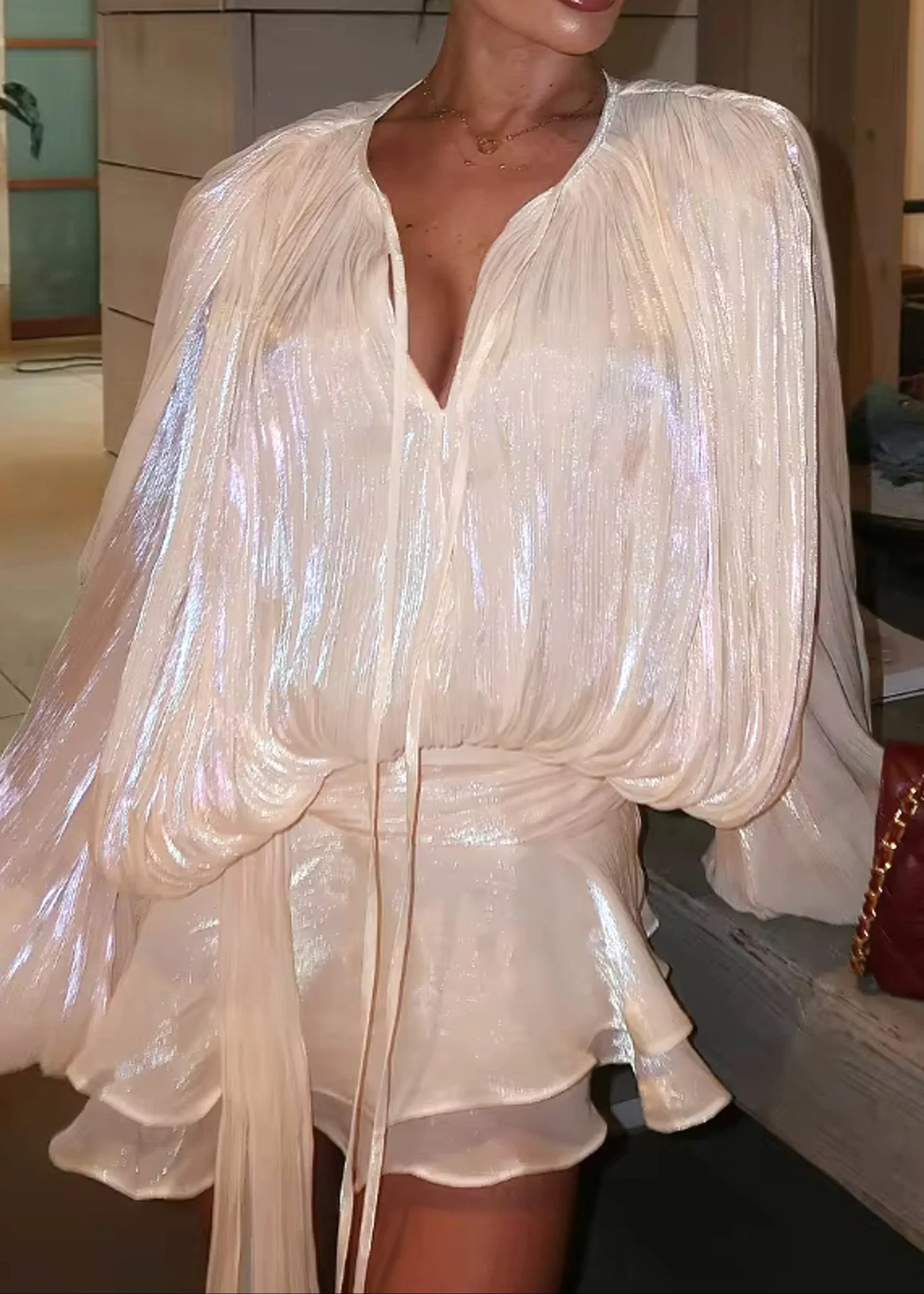 Ivory Long Sleeve Draped Ruffle Mini Dress