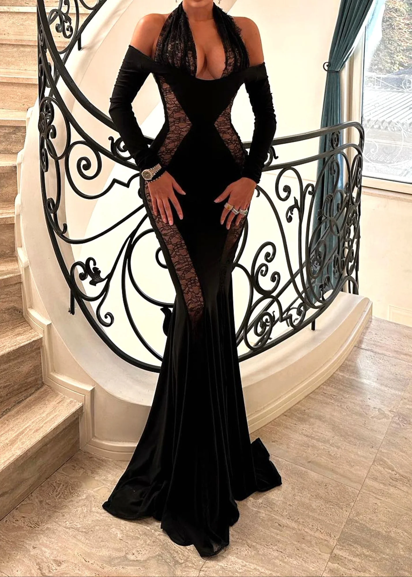 Black Velvet Halter Lace Mermaid Maxi Dress