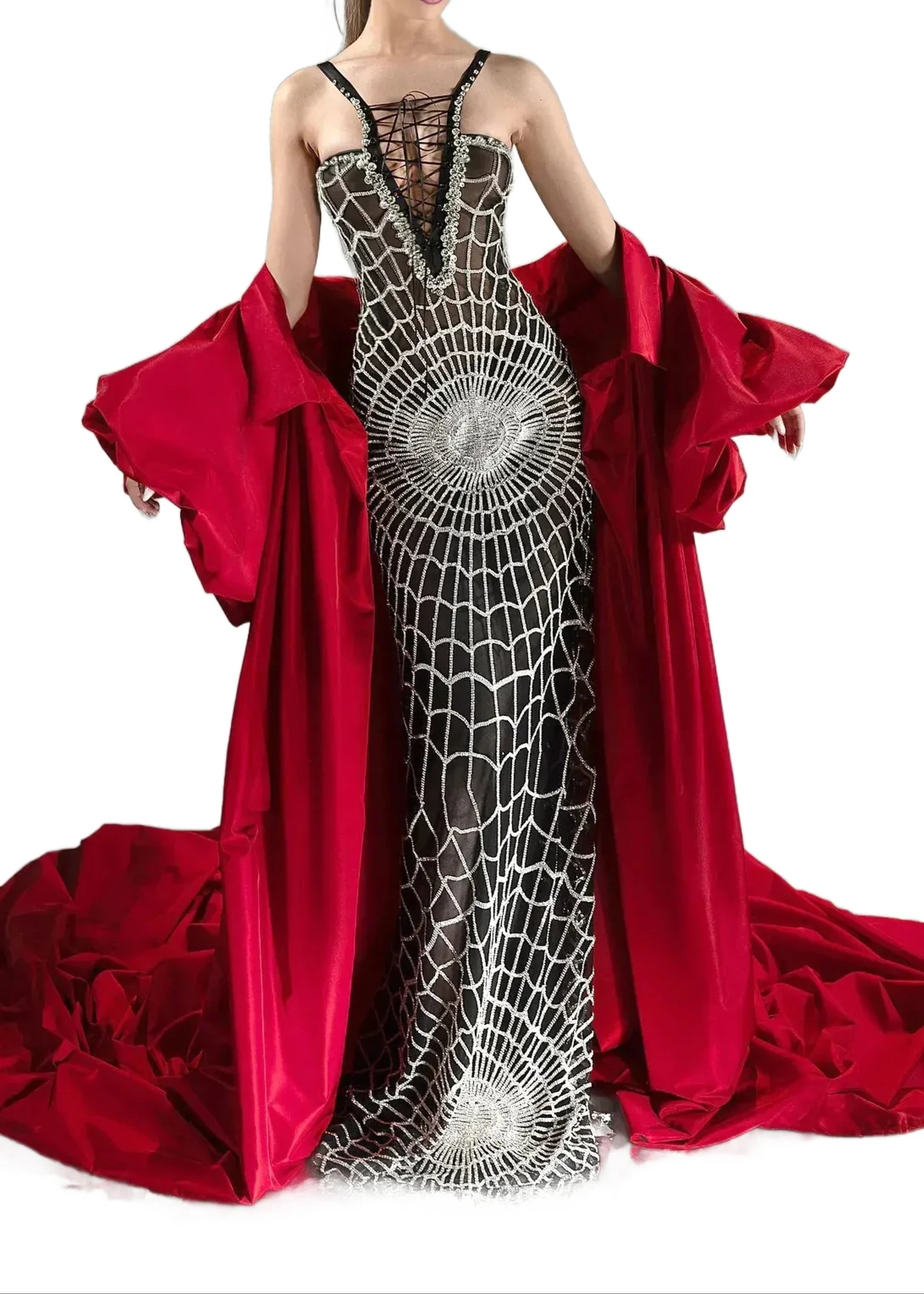 Black Silver Lace Up Sequin Maxi Dress