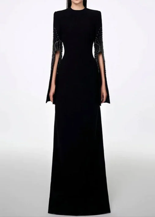 Black Slit-Sleeve Bodycon Maxi Dress - Elegant & Sophisticated Style