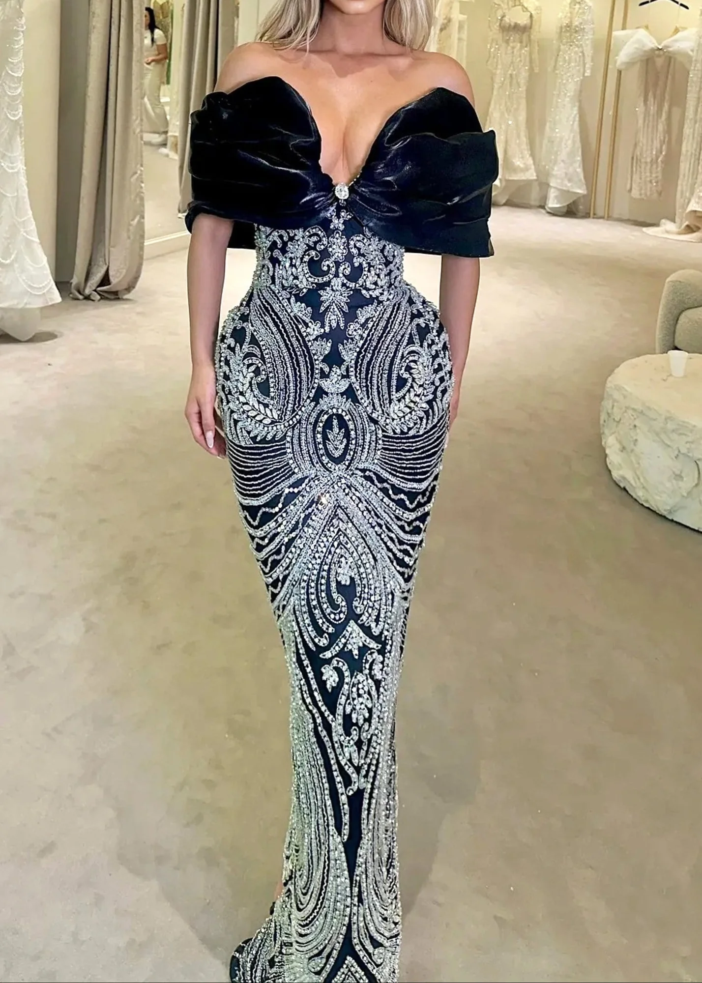 Black Sequin Maxi Dress with Off-Shoulder Draped Design