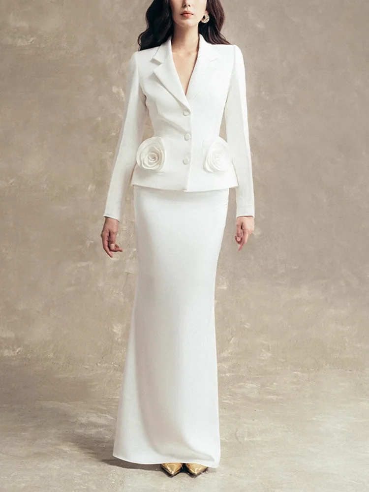 White Floral Embellished Jacket and Skirt Set