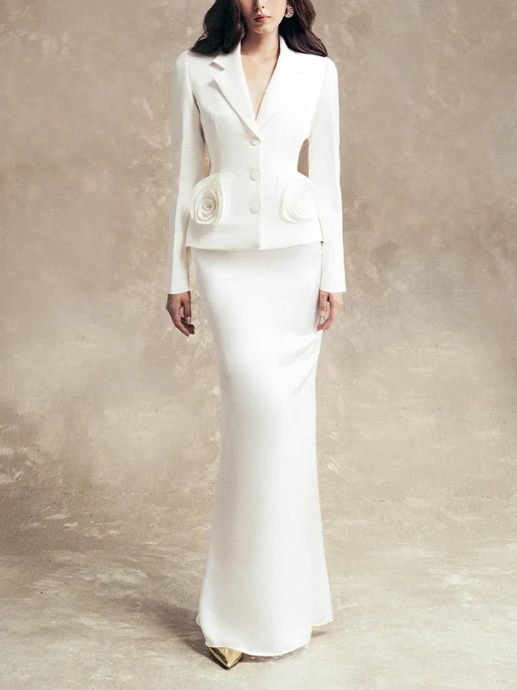 White Floral Embellished Jacket and Skirt Set