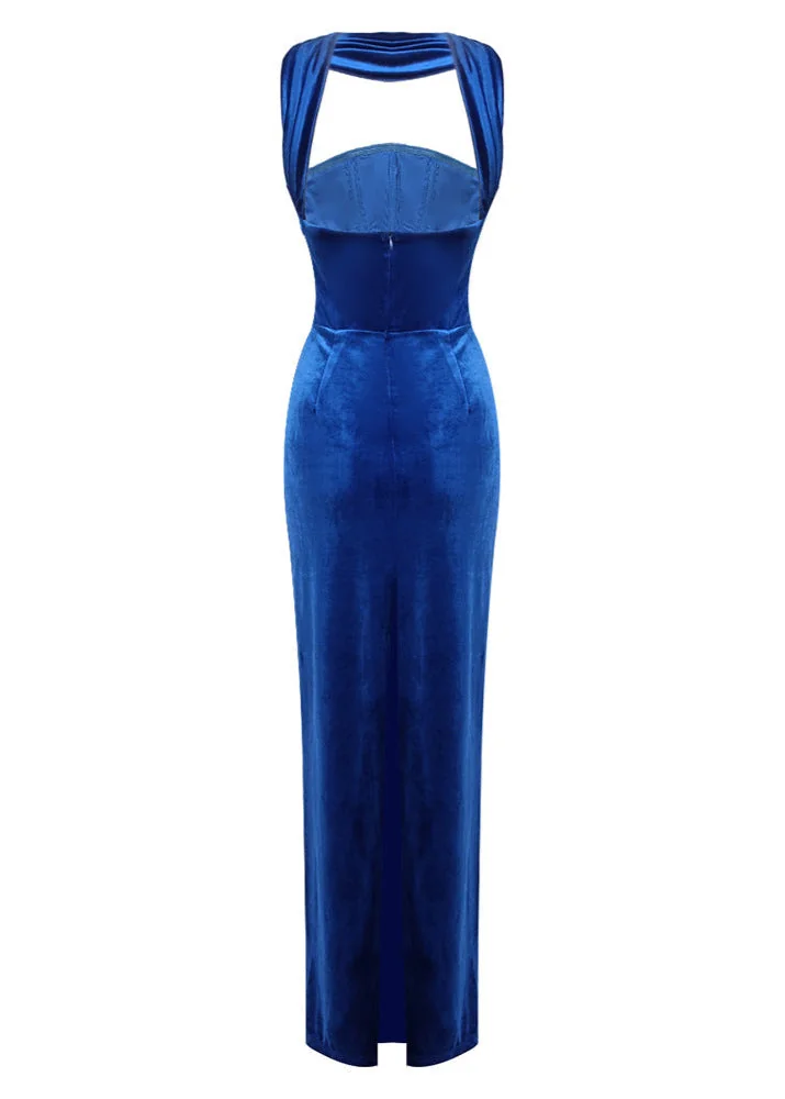 Blue Velvet Backless Maxi Dress with Sash