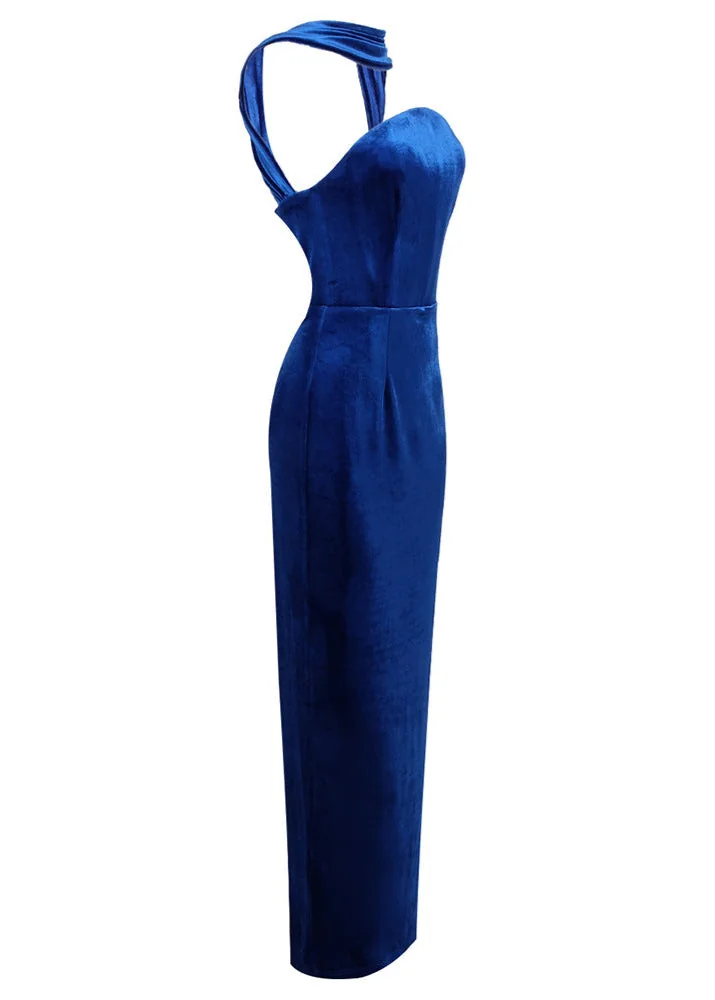 Blue Velvet Backless Maxi Dress with Sash