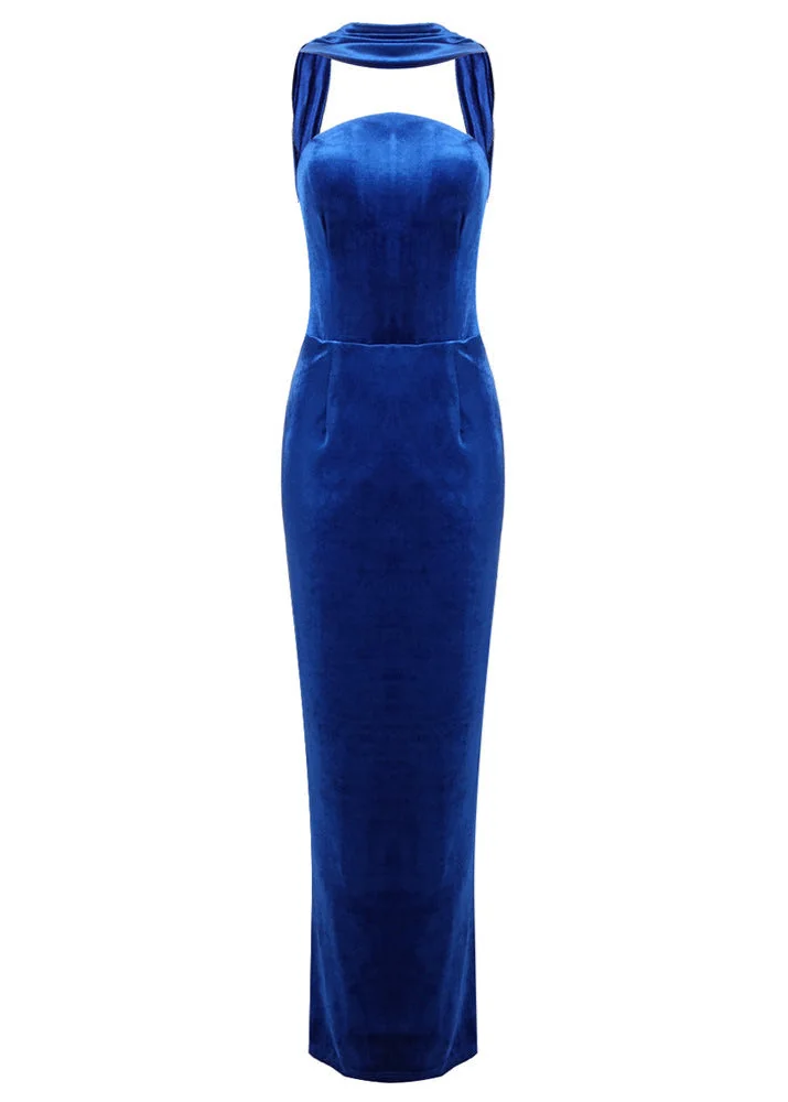 Blue Velvet Backless Maxi Dress with Sash