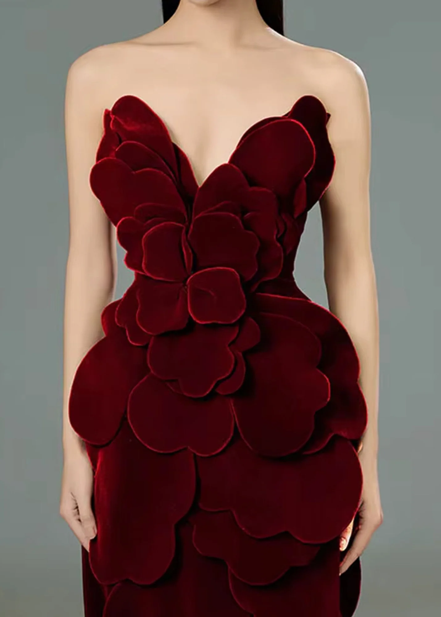 Burgundy Strapless Leaf Detail Mini Dress - Premium Fabric