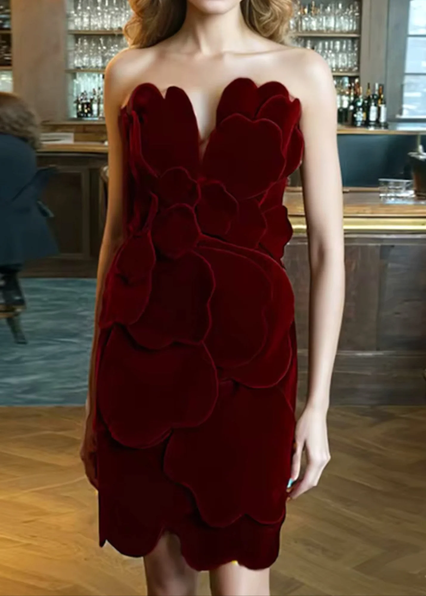 Burgundy Strapless Leaf Detail Mini Dress - Premium Fabric