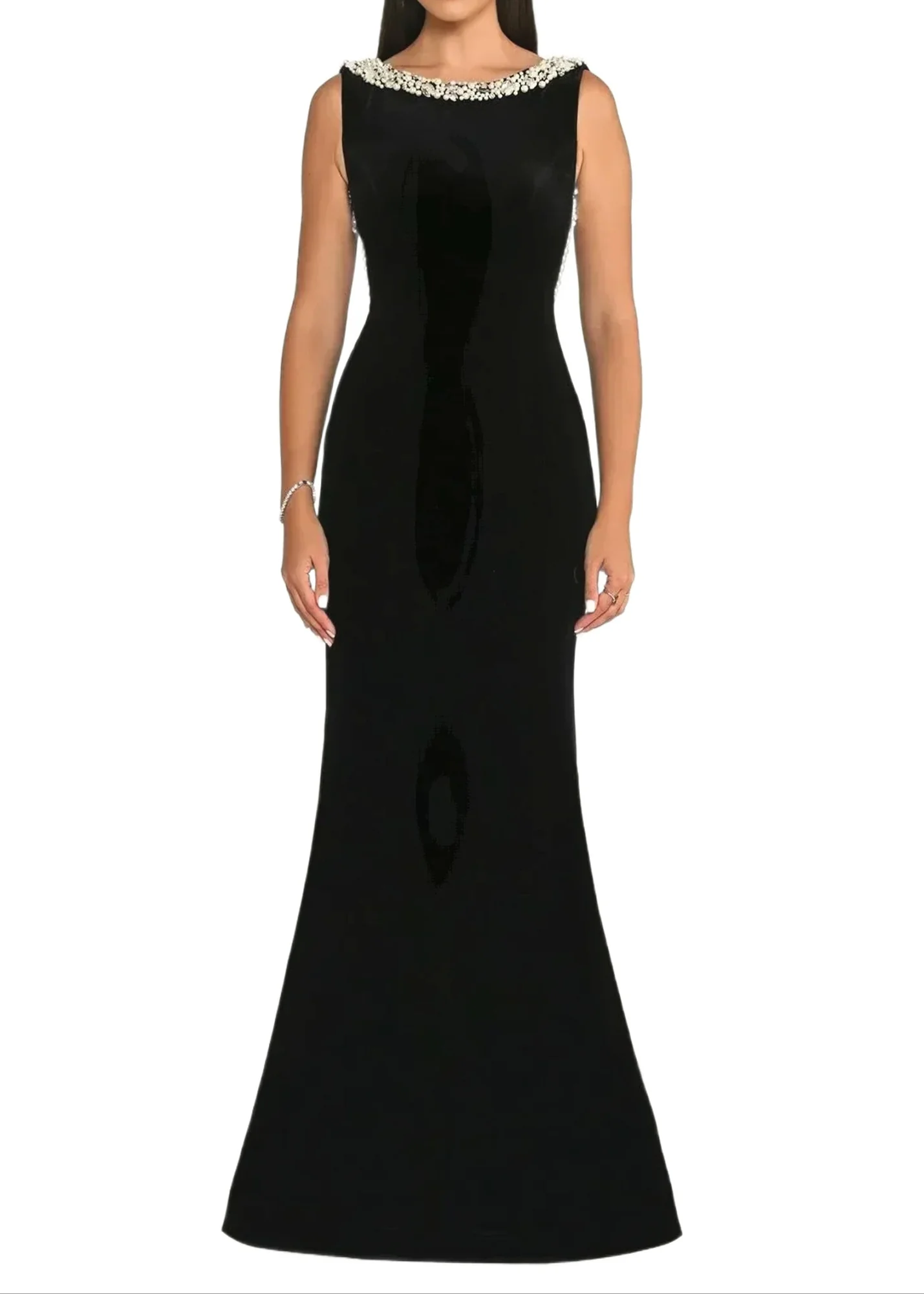 Black Velvet Maxi Dress with Pearl Embellishments