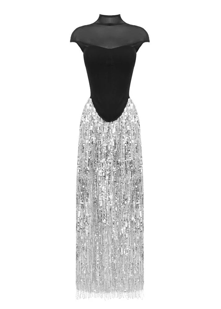 Black Tassel Sequin Maxi Skirt Set