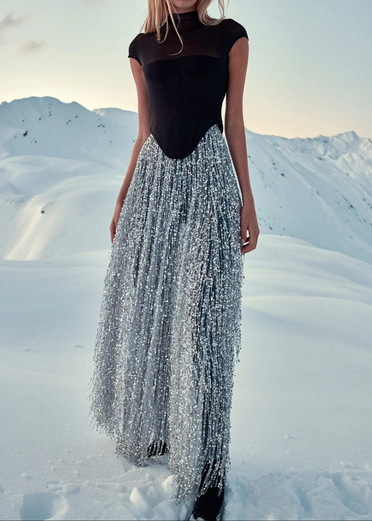 Black Tassel Sequin Maxi Skirt Set