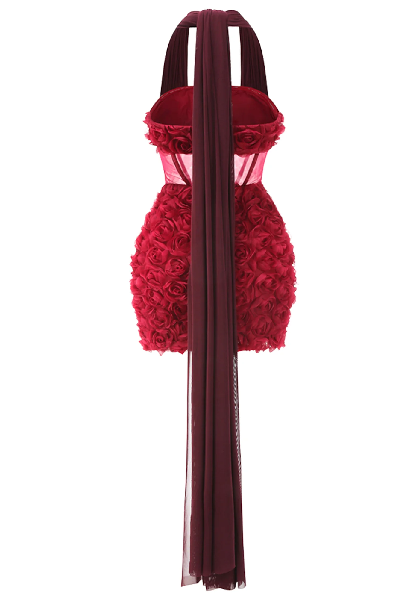 Red Floral Halter Mini Dress with Mesh Insert