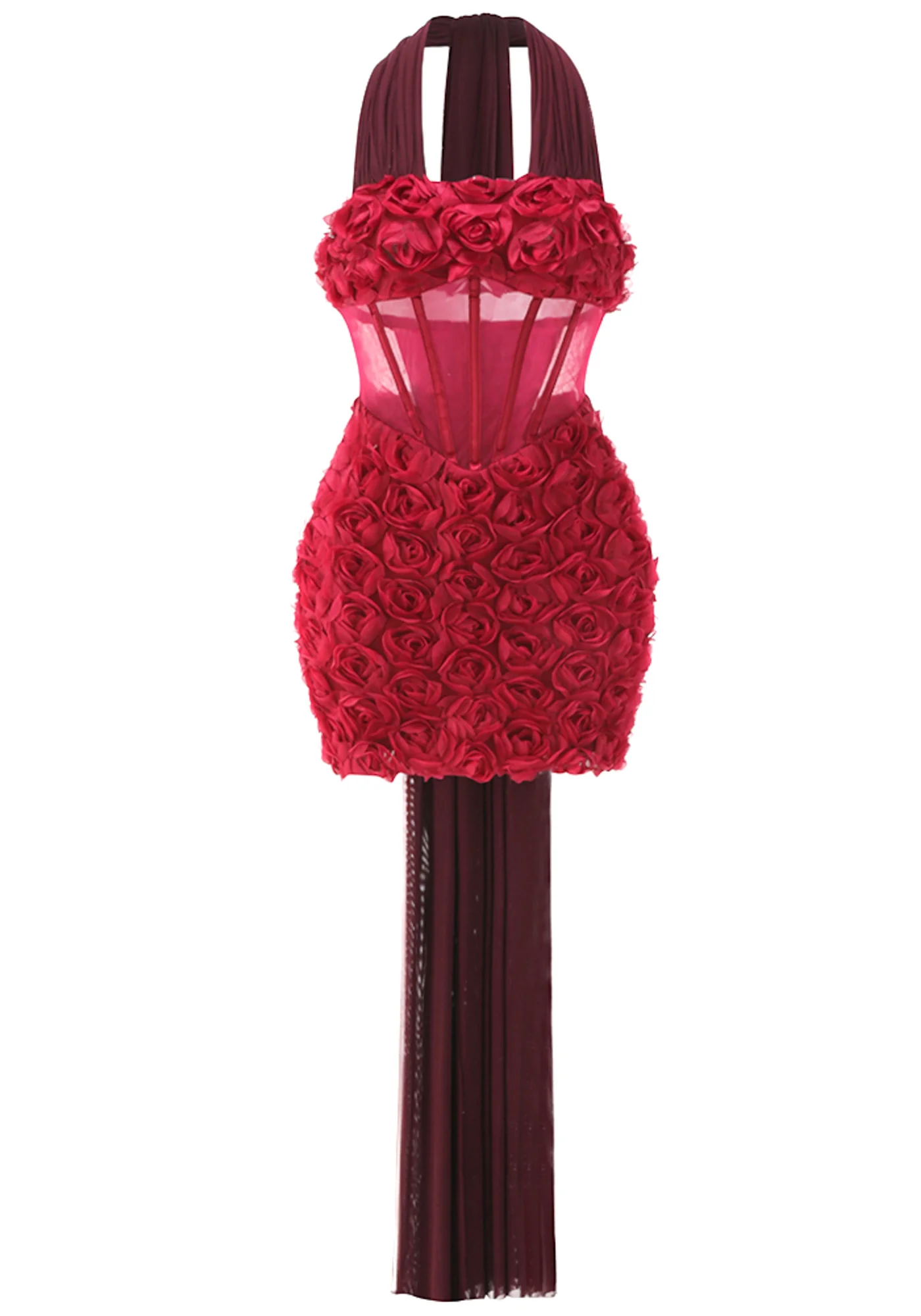 Red Floral Halter Mini Dress with Mesh Insert