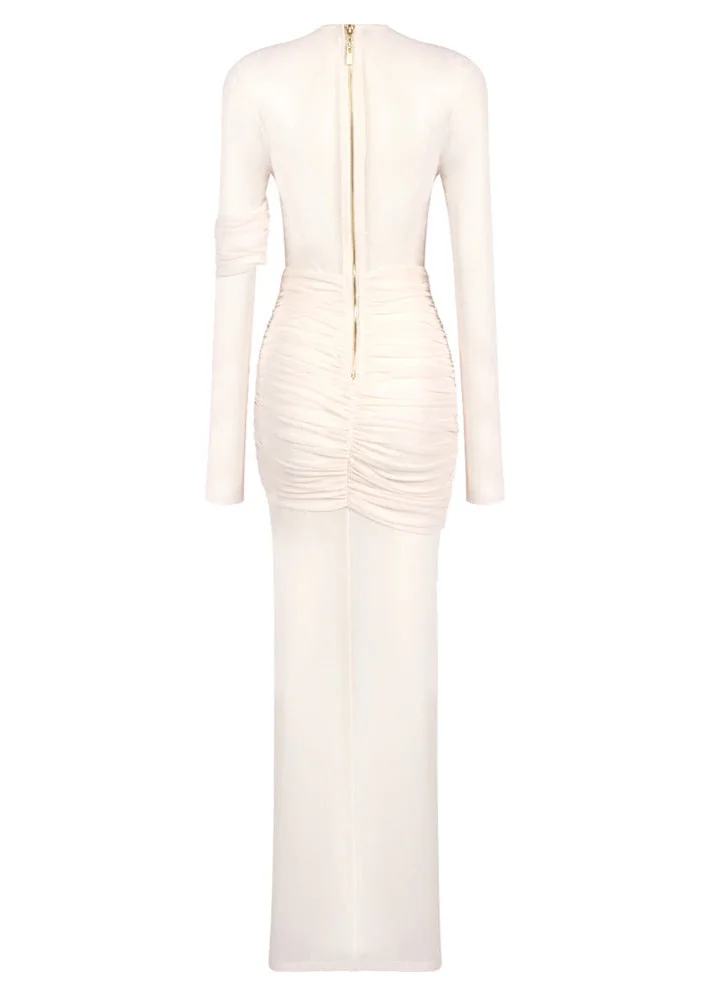 Apricot Mesh Insert Draped Maxi Dress - Elegant Long Sleeve Design