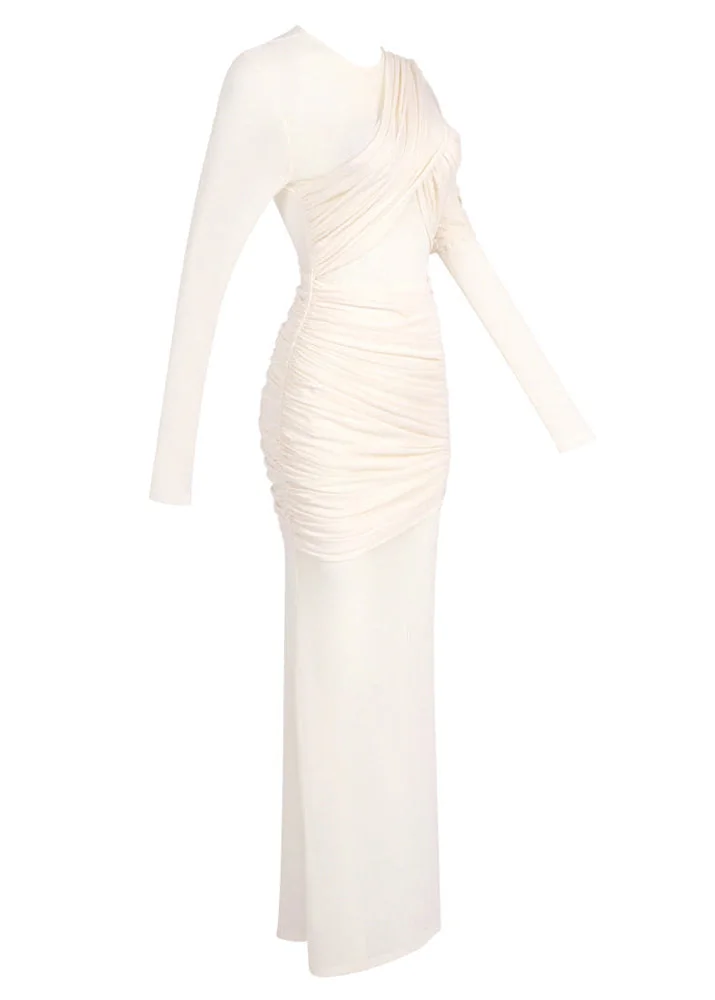 Apricot Mesh Insert Draped Maxi Dress - Elegant Long Sleeve Design