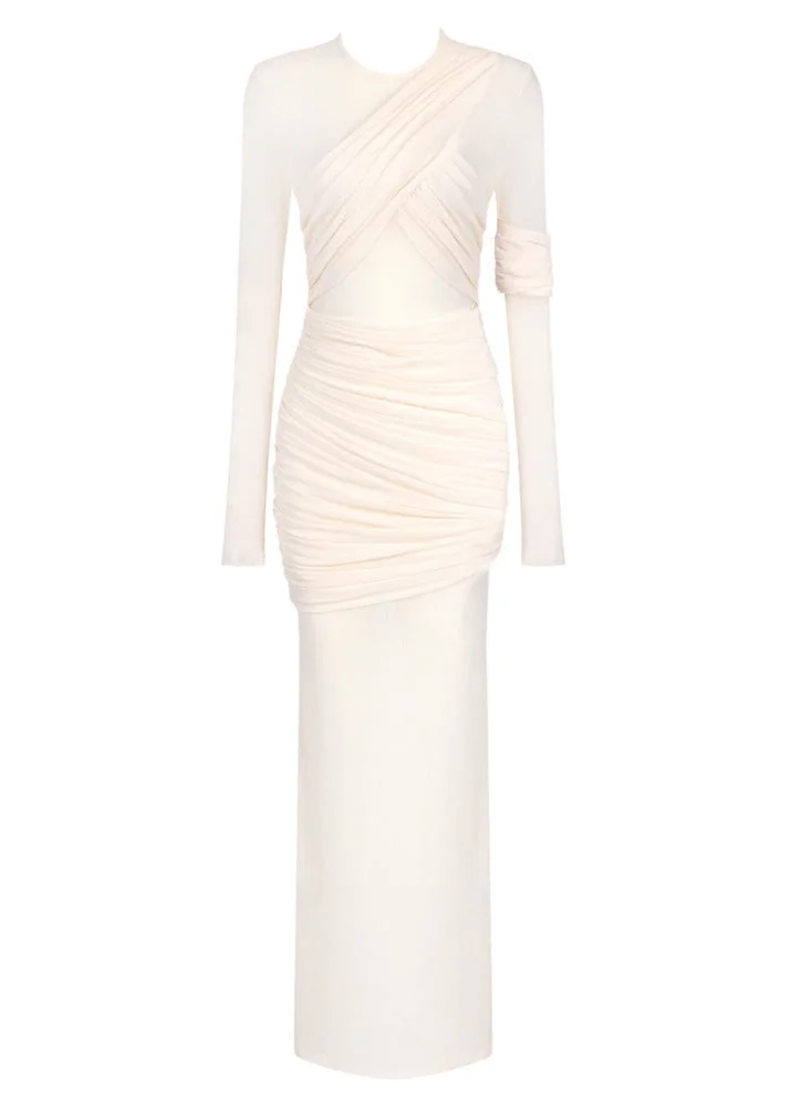 Apricot Mesh Insert Draped Maxi Dress - Elegant Long Sleeve Design