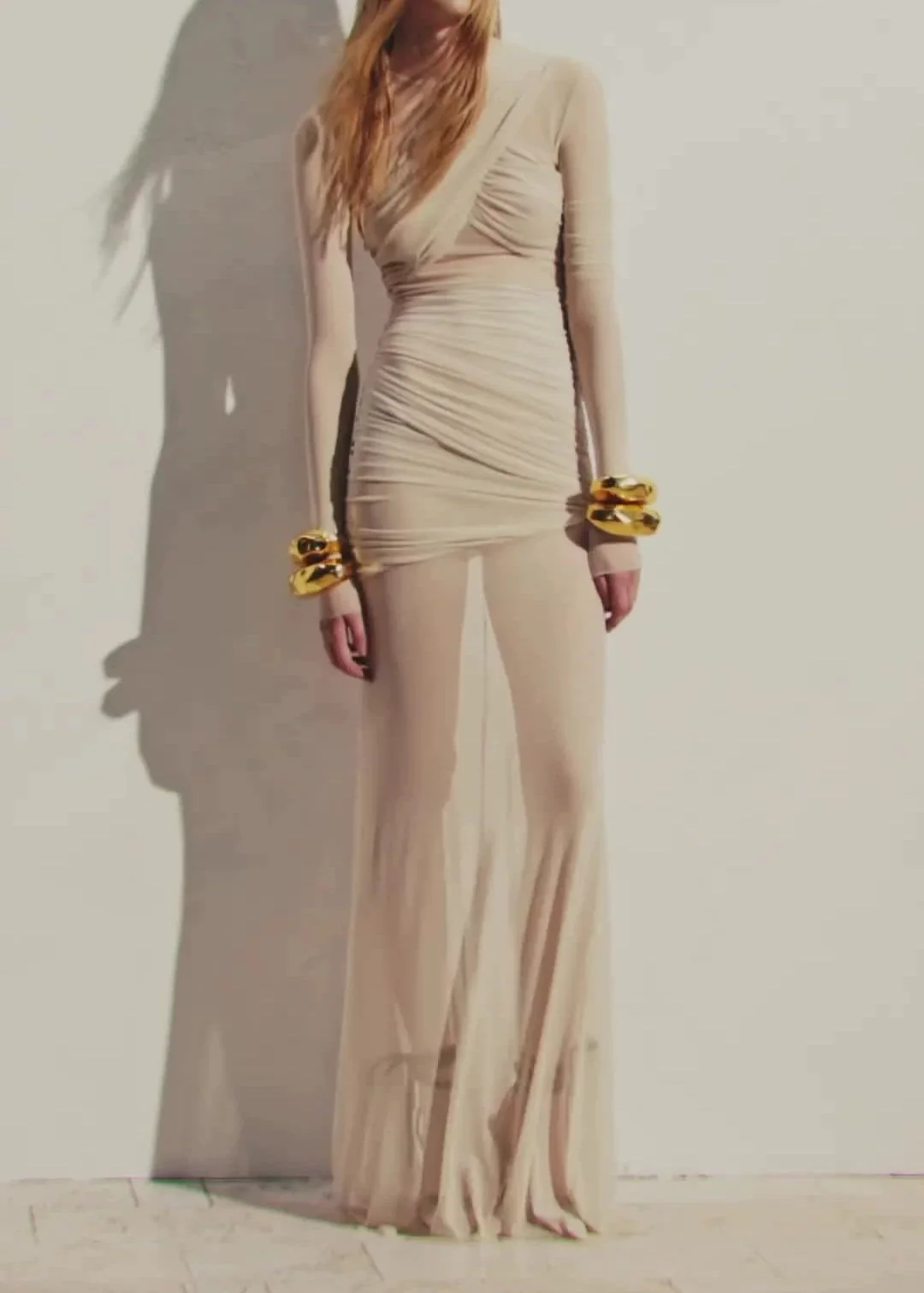 Apricot Mesh Insert Draped Maxi Dress - Elegant Long Sleeve Design