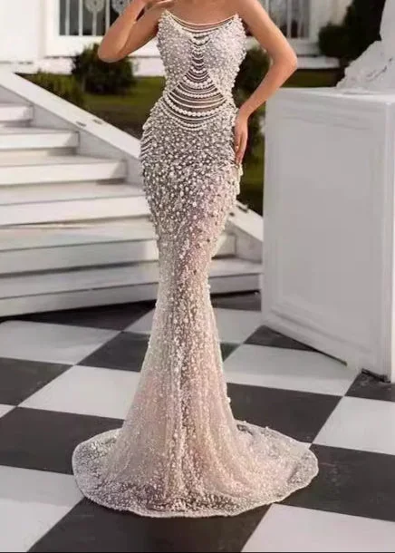 Pearl Deep V Neck Mesh Maxi Dress - Elegant Strapless Style