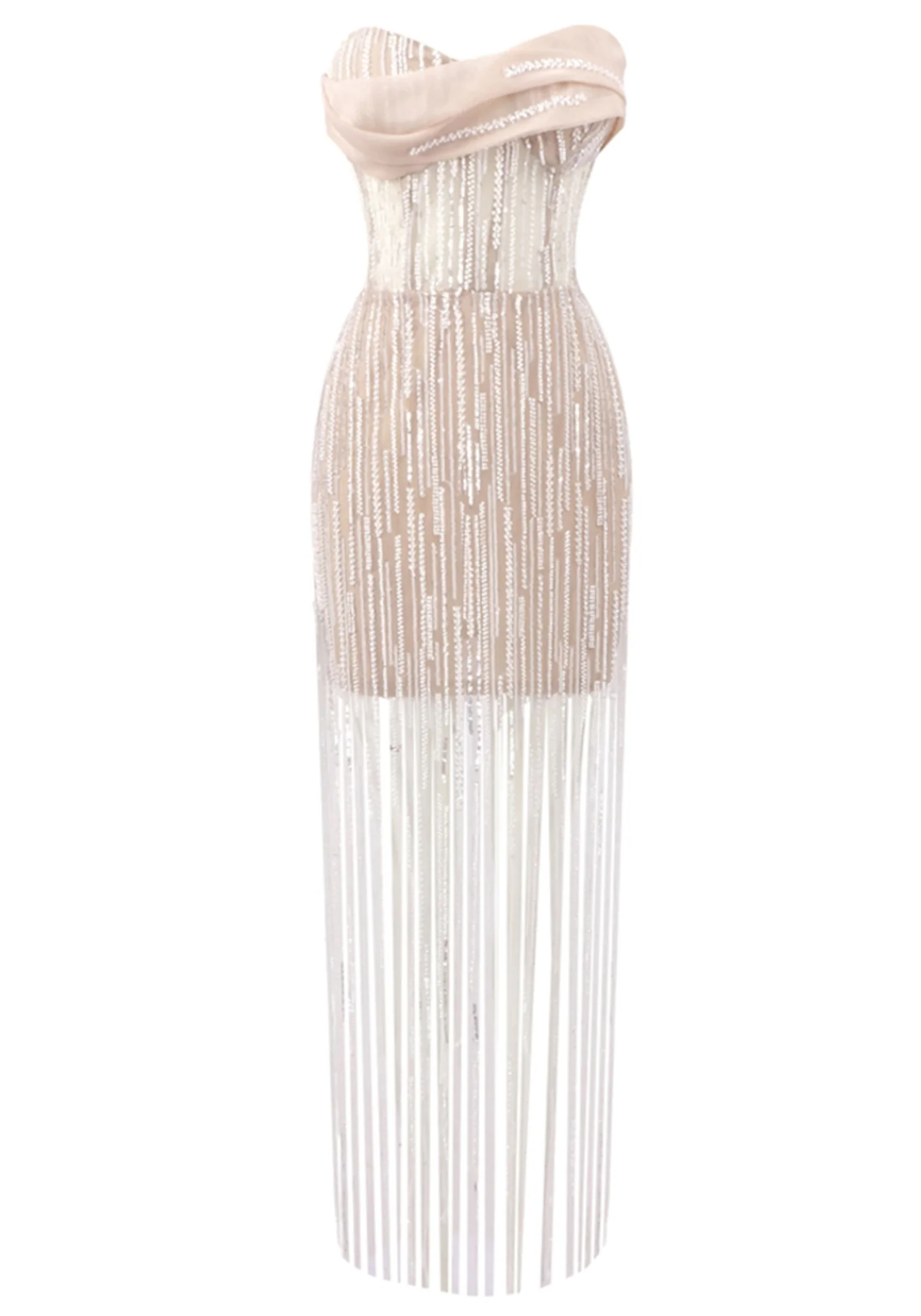 Nude Sequin Tassel Maxi Dress - Elegant Strapless Evening Gown
