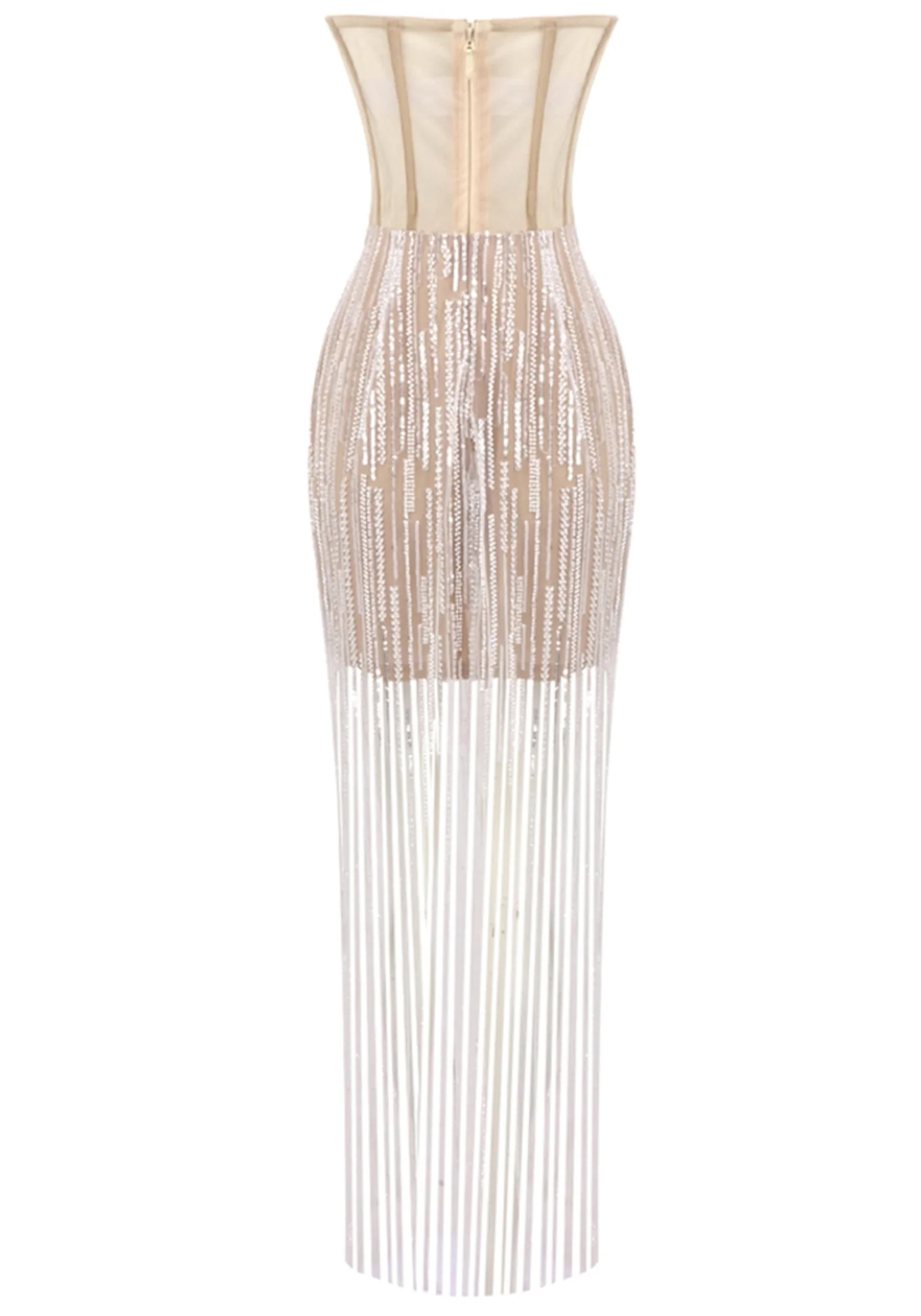 Nude Sequin Tassel Maxi Dress - Elegant Strapless Evening Gown