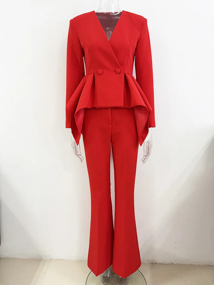 Red Ruffled Blazer Pants Set - Professional Style