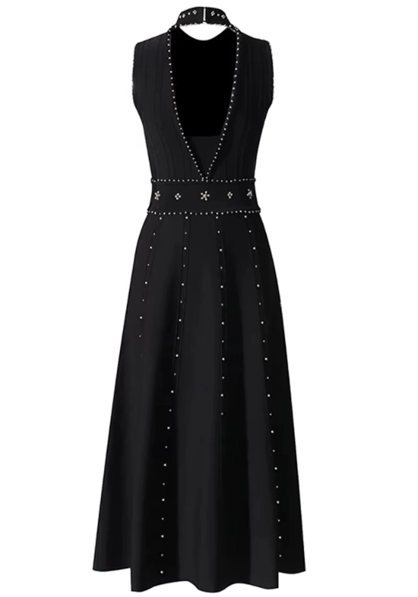 Black Studded A Line Midi Dress - Sleeveless Classic Style