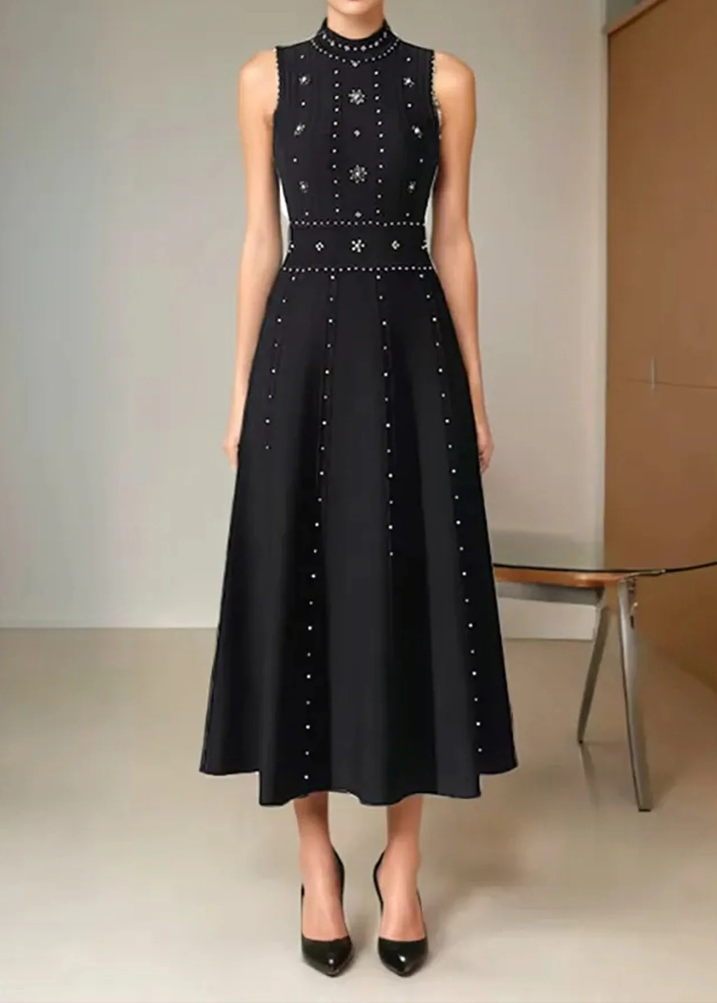 Black Studded A Line Midi Dress - Sleeveless Classic Style