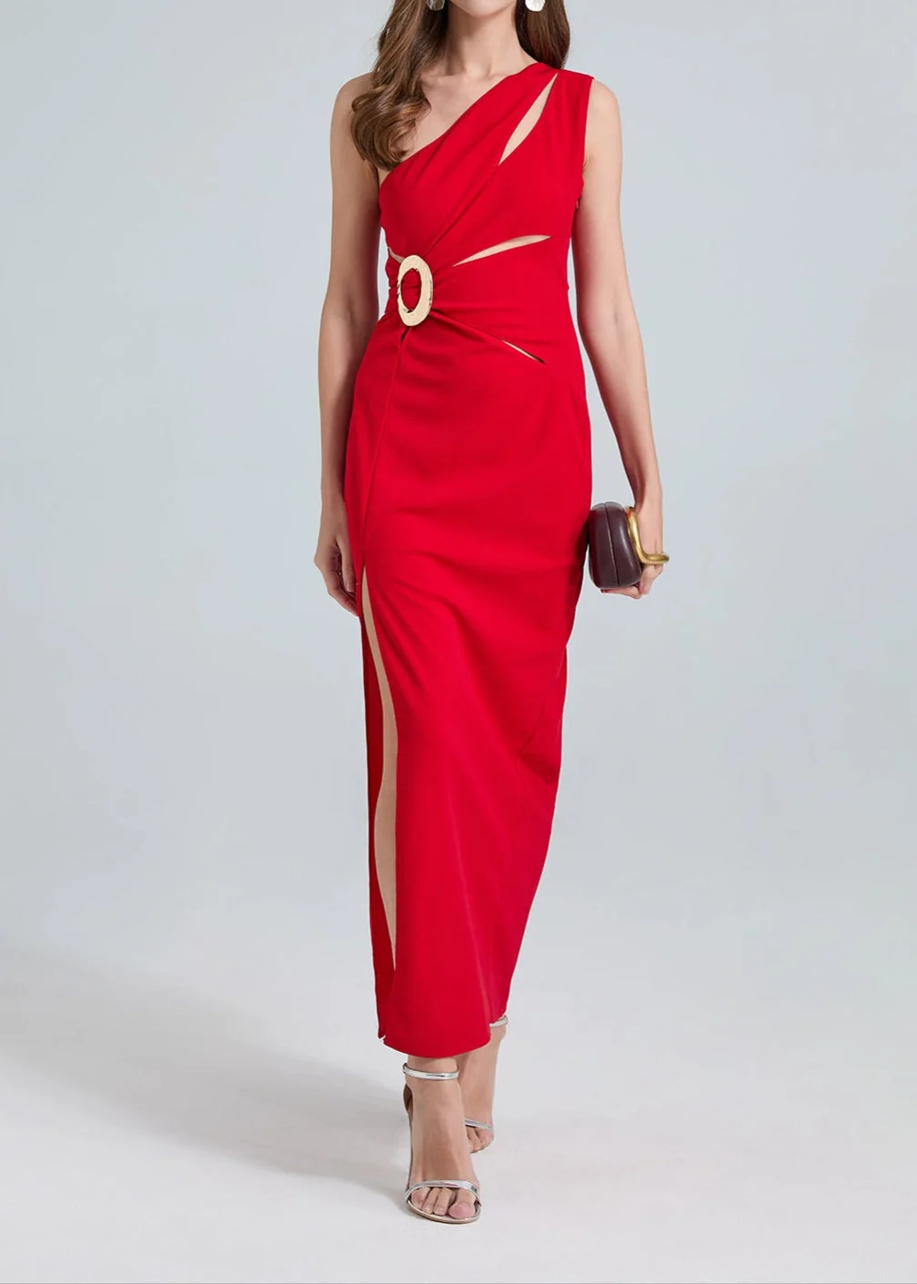 Red One-Shoulder Cutout Maxi Dress with Side Slit