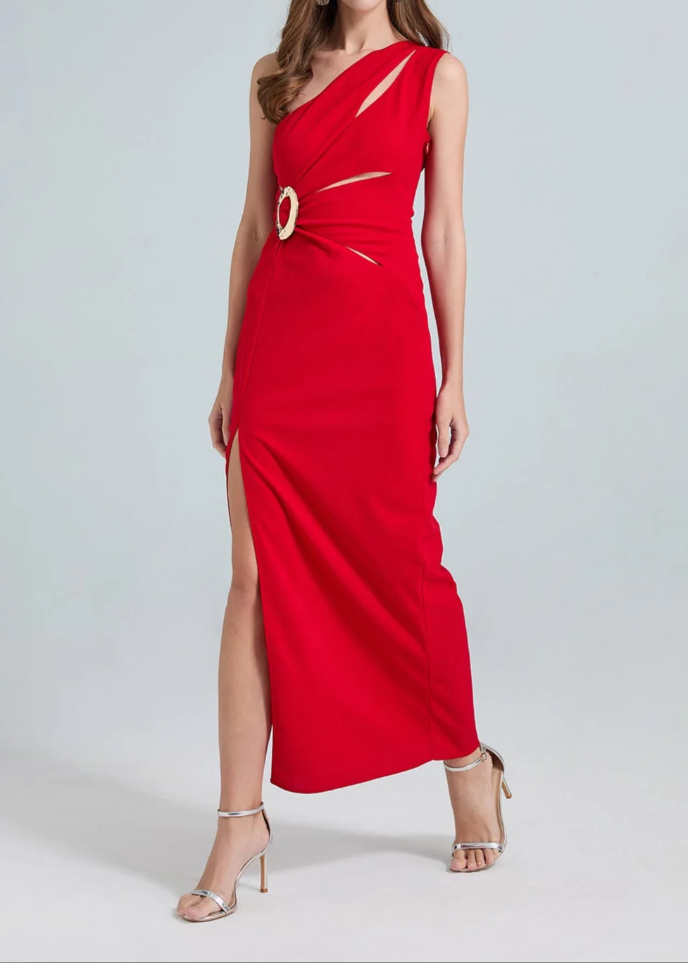 Red One-Shoulder Cutout Maxi Dress with Side Slit