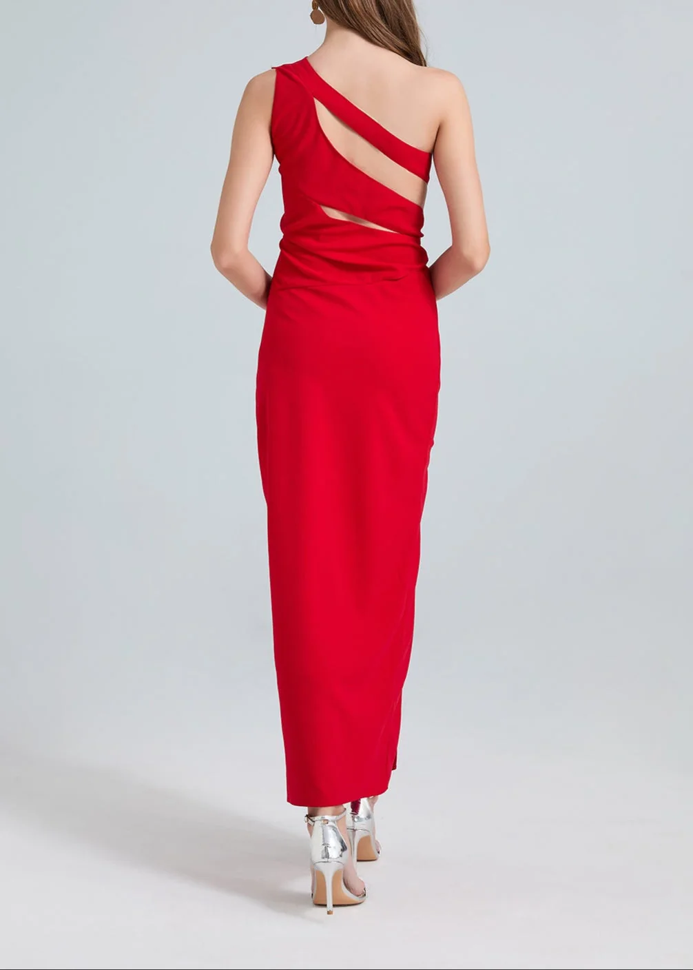 Red One-Shoulder Cutout Maxi Dress with Side Slit
