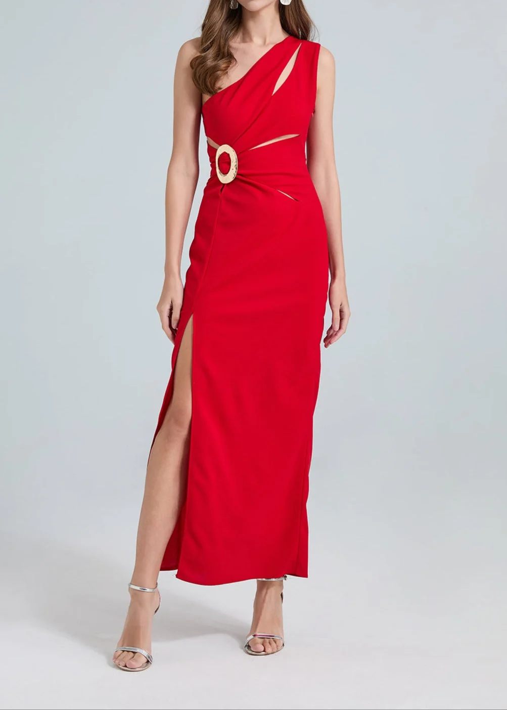 Red One-Shoulder Cutout Maxi Dress with Side Slit