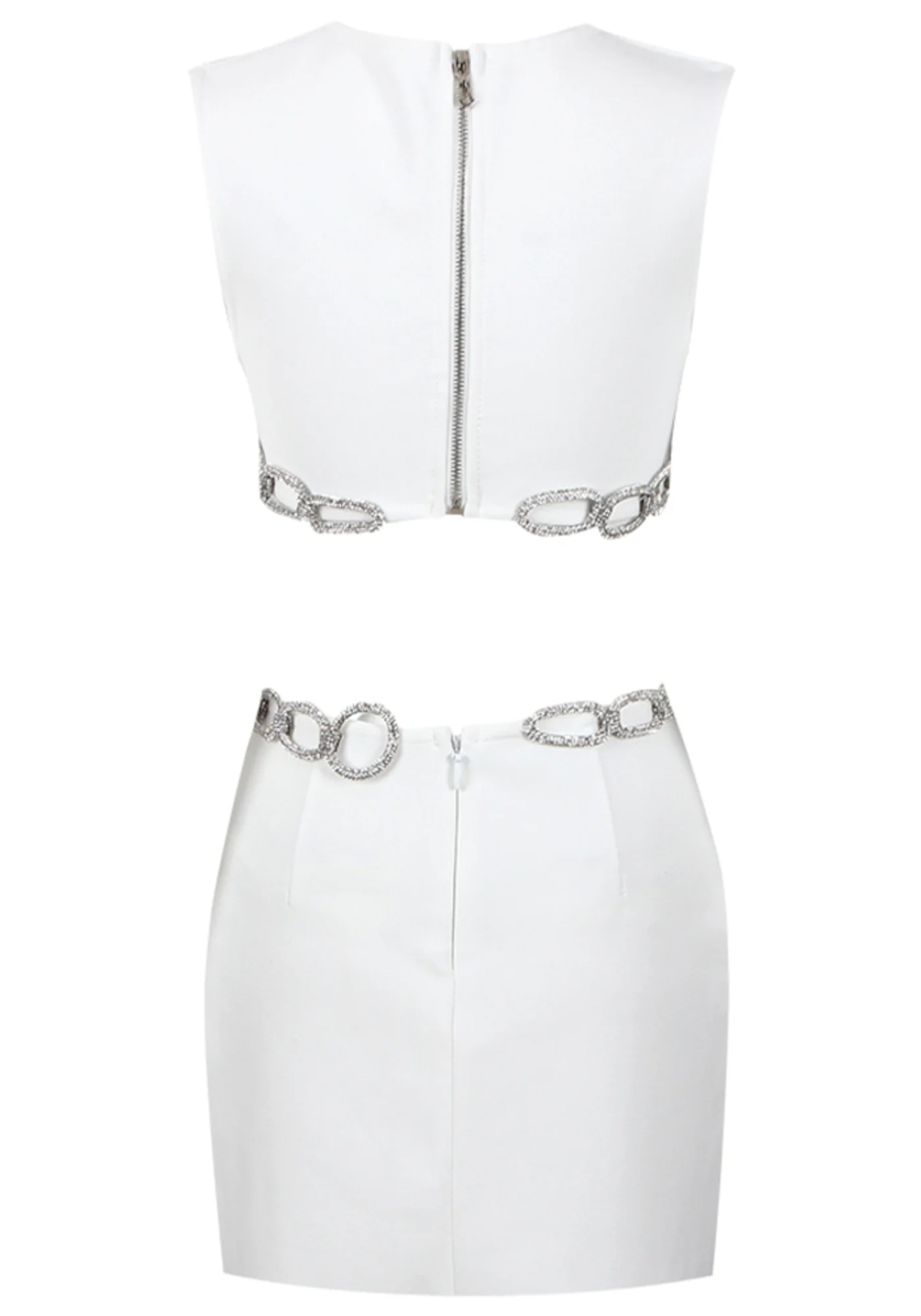 White Crystal Chain Mini Dress - Elegant Sleeveless Design