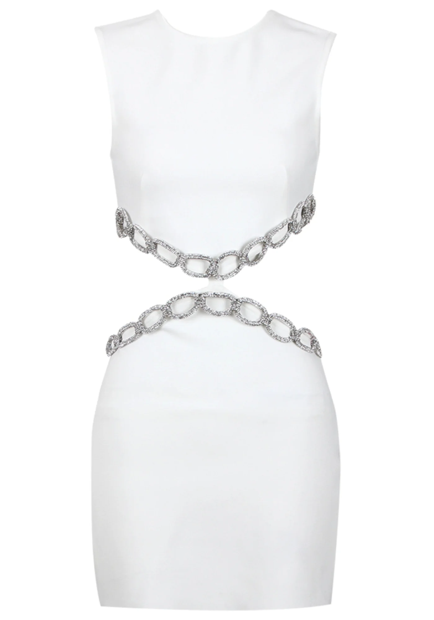 White Crystal Chain Mini Dress - Elegant Sleeveless Design