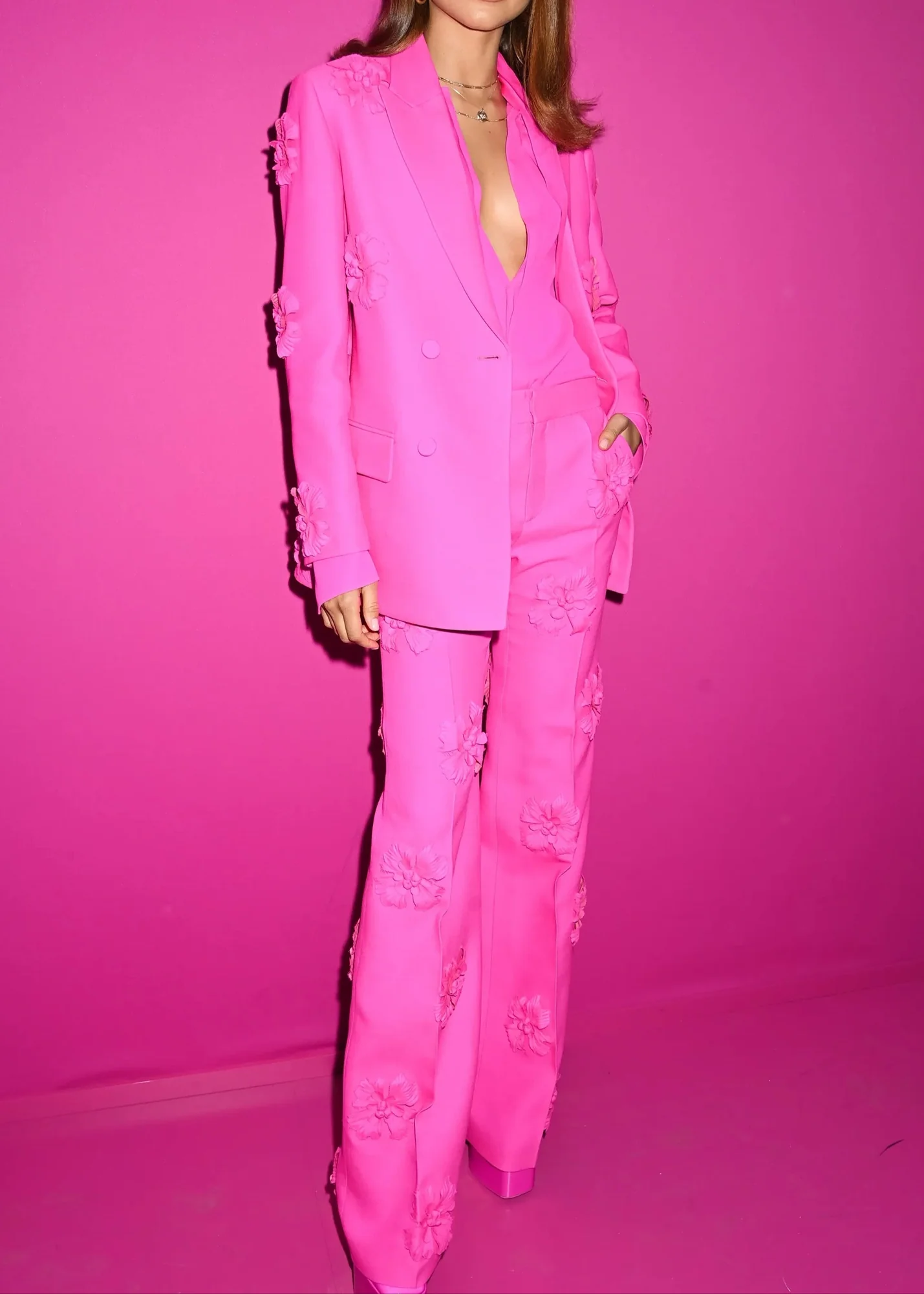 Pink Floral Detail V-Neck Maxi Dress with Long Sleeves