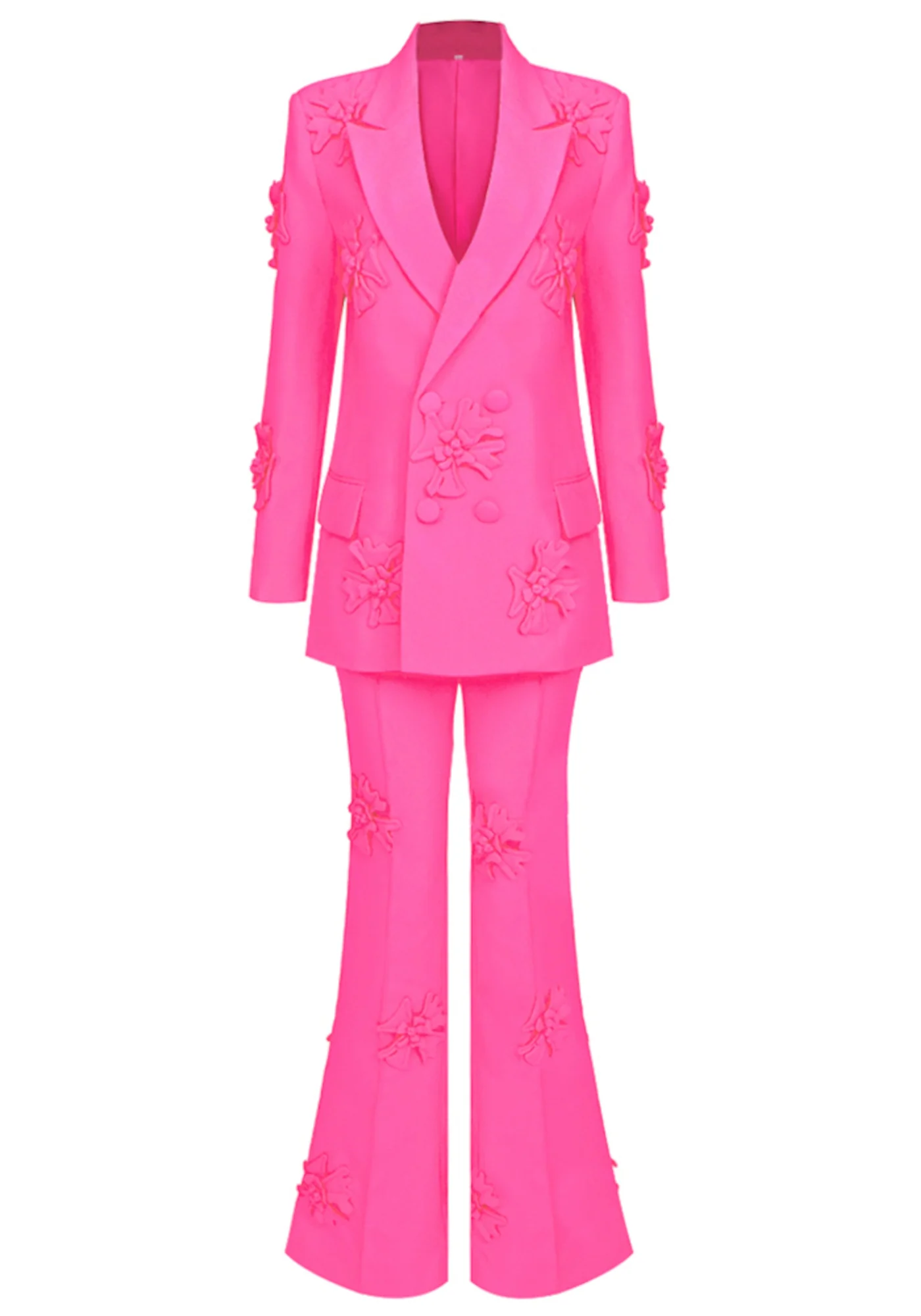 Pink Floral Detail V-Neck Maxi Dress with Long Sleeves