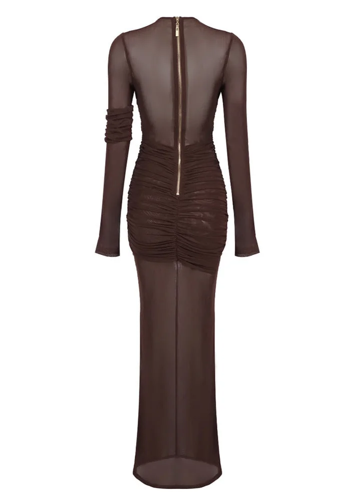 Brown Draped Maxi Dress with Mesh Insert Sleeve