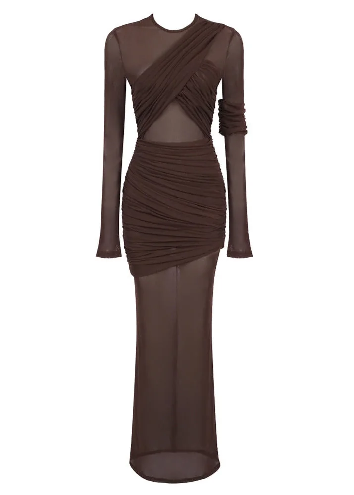 Brown Draped Maxi Dress with Mesh Insert Sleeve
